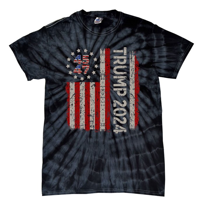 Trump 2024 Vintage 45 47 American Flag Tie-Dye T-Shirt