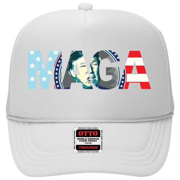 Trump 2024 Voted Maga American Flag Retro Vintage Gift High Crown Mesh Back Trucker Hat