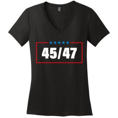 Trump 2024 Vintage 45 47 America Flag Women's V-Neck T-Shirt