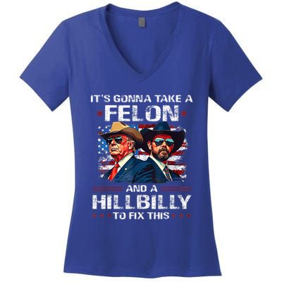 Trump 2024 Vance 2028 Funny Felon Hillbilly Fix Women's V-Neck T-Shirt