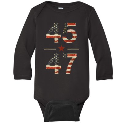 Trump 2024 Vintage 45 47 America Flag Baby Long Sleeve Bodysuit