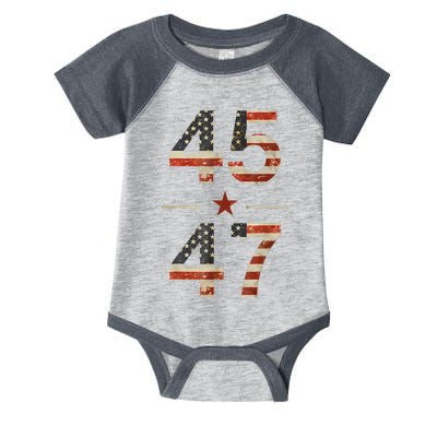 Trump 2024 Vintage 45 47 America Flag Infant Baby Jersey Bodysuit