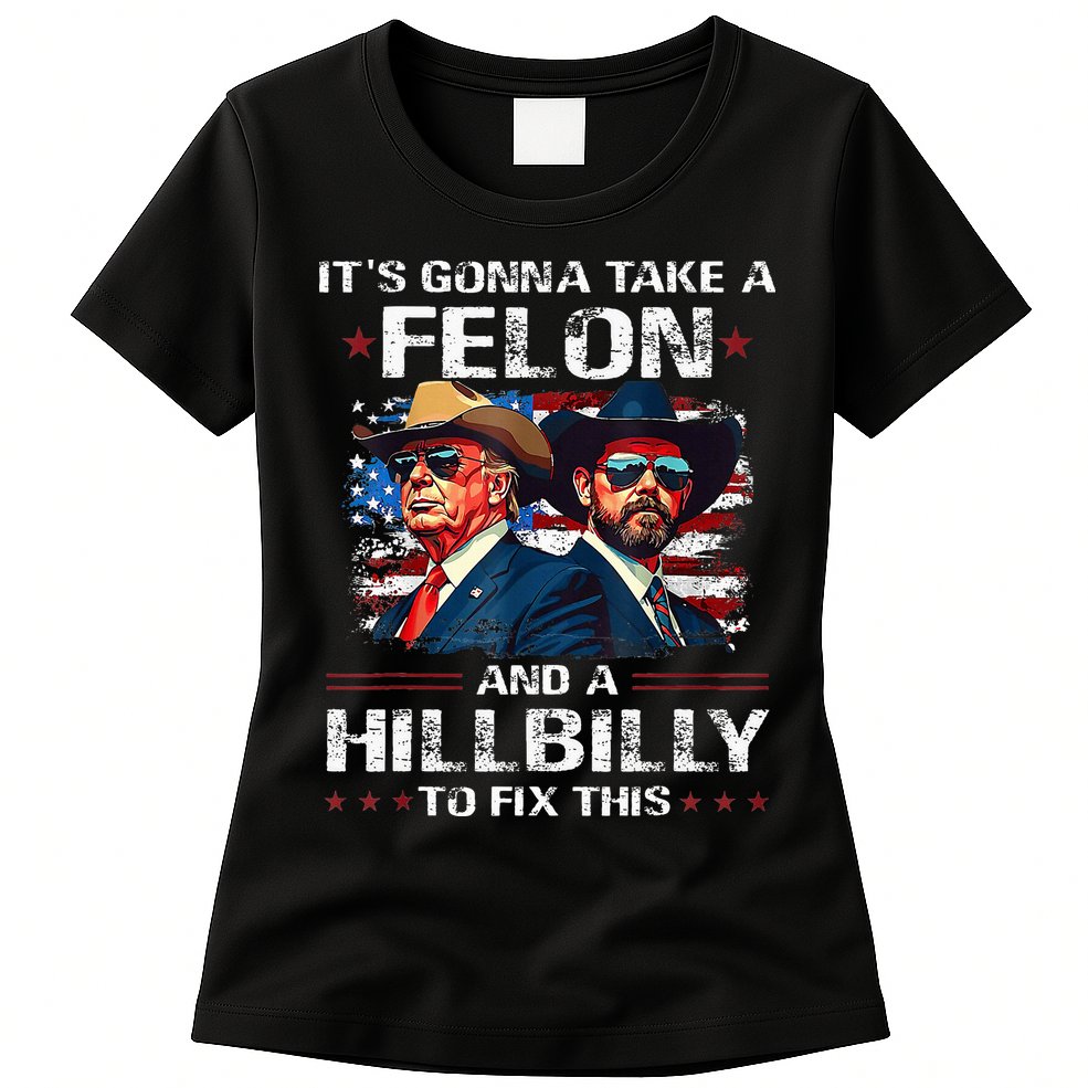 Trump 2024 Vance 2028 Funny Felon Hillbilly Fix Womens T-Shirt
