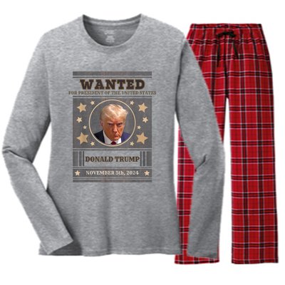 Trump 2024 Wanted For President Of The United States Women's Long Sleeve Flannel Pajama Set 