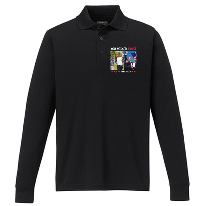 Trump 2024 You Missed Twice Golf Political Performance Long Sleeve Polo