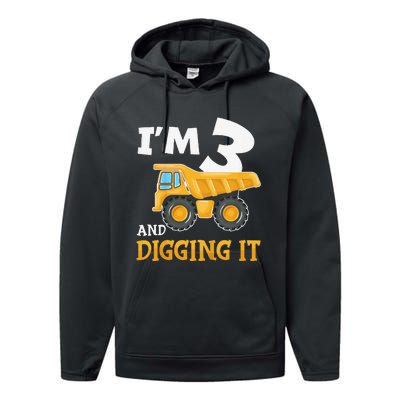 Three 3yr 3th Birthday Construction 3 Years Old Performance Fleece Hoodie