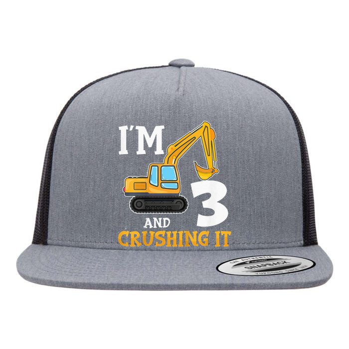 Three 3yr 3th Birthday Digger Boy Construction 3 Years Old Flat Bill Trucker Hat