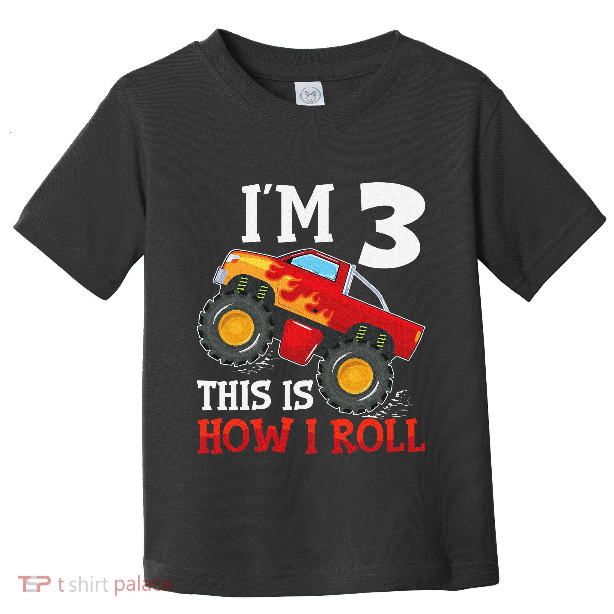 Three 3yr 3rd Birthday Monster Truck Boy 3 Years Old Gift Toddler T-Shirt