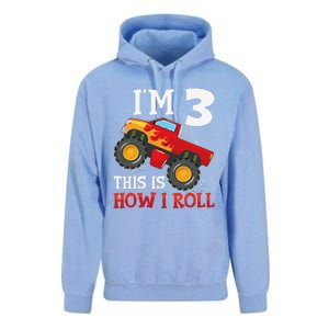 Three 3yr 3rd Birthday Monster Truck Boy 3 Years Old Gift Unisex Surf Hoodie