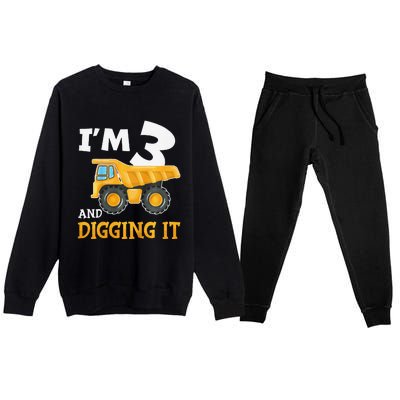 Three 3yr 3rd Birthday Construction Boy 3 Years Old Premium Crewneck Sweatsuit Set