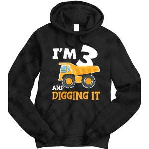 Three 3yr 3rd Birthday Construction Boy 3 Years Old Tie Dye Hoodie