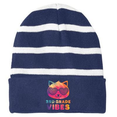 Third 3rd Grade Vibes Colorful Cat Kitty Leopard Eyes Striped Beanie with Solid Band