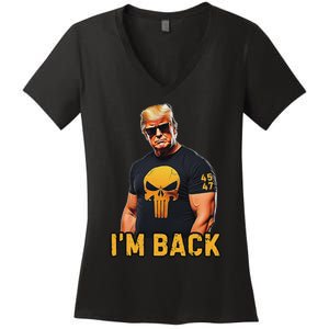 Trump 45 47 IM Back Orange Skull Inauguration 2025 Maga Women's V-Neck T-Shirt