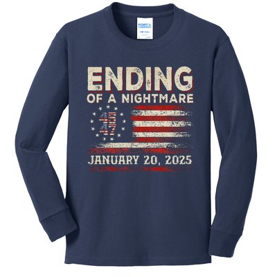 Trump 45 47 Ending Of A Nightmare Us Flag January 20 2025 Kids Long Sleeve Shirt