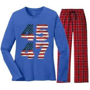 Trump 45 47 American Flag Republican Trump 2024 President Gift Women's Long Sleeve Flannel Pajama Set 