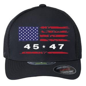 Trump 45 47 American Flag Grunge Distressed 2024 Maga Pocket Flexfit Unipanel Trucker Cap