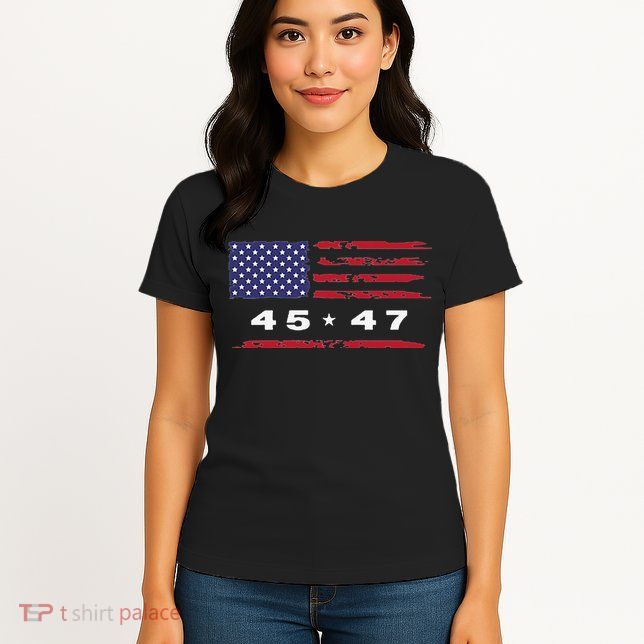 Trump 45 47 American Flag Grunge Distressed 2024 Maga Pocket Womens T-Shirt