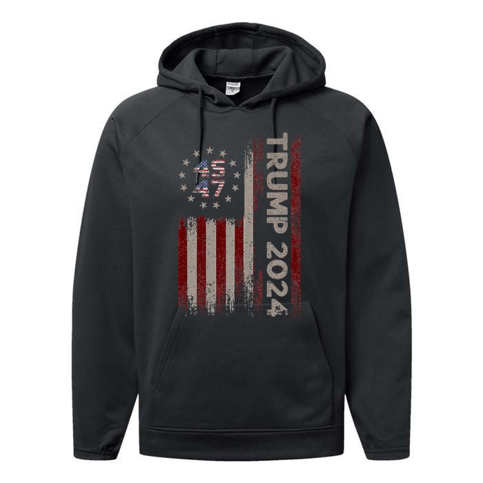 Trump 45/47 American Flag 2024 Performance Fleece Hoodie