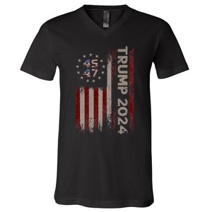 Trump 45/47 American Flag 2024 V-Neck T-Shirt