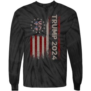 Trump 45/47 American Flag 2024 Tie-Dye Long Sleeve Shirt