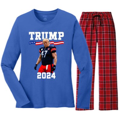 Trump 47 Football Jersey 2024 Us Flag Women's Long Sleeve Flannel Pajama Set 