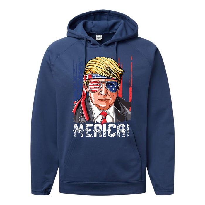 Trump 4th Of July Merica Usa American Flag Vintage Performance Fleece Hoodie