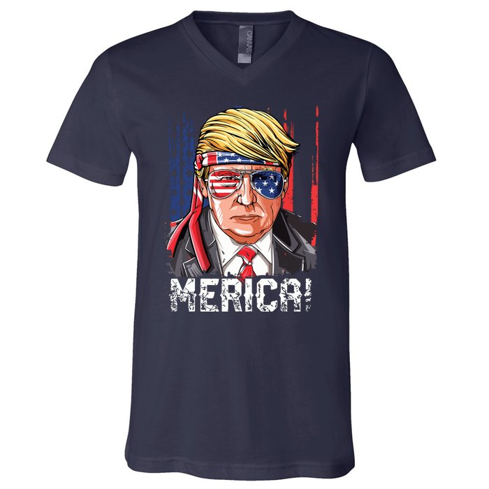 Trump 4th Of July Merica Usa American Flag Vintage V-Neck T-Shirt