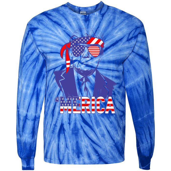 Trump 4th Of July Merica Usa American Flag Vintage Gift Tie-Dye Long Sleeve Shirt