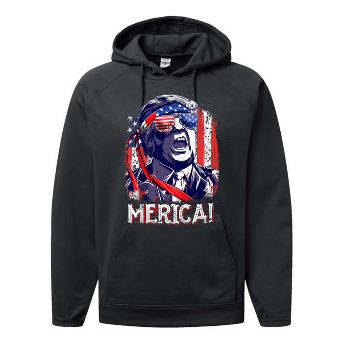 Trump 4th Of July Merica Usa American Flag Vintage Performance Fleece Hoodie