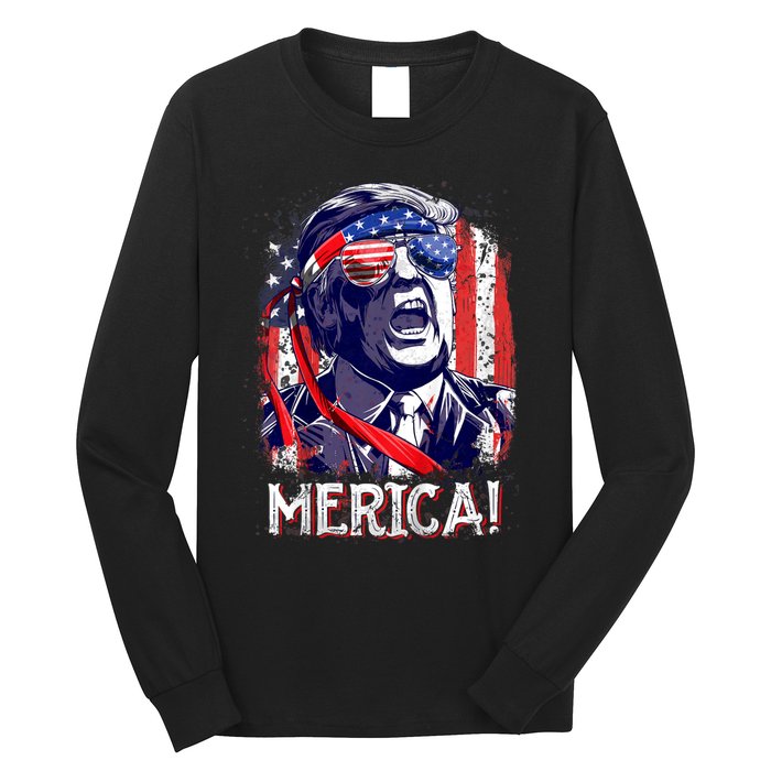 Trump 4th Of July Merica Usa American Flag Vintage Long Sleeve Shirt