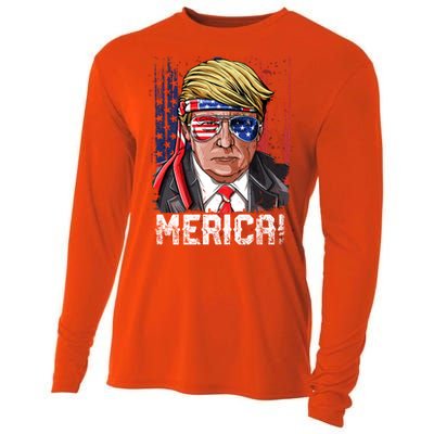 Trump 4th Of July Merica Usa American Flag Vintage Gift Cooling Performance Long Sleeve Crew