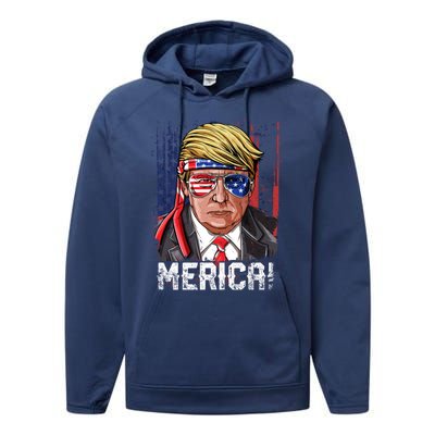 Trump 4th Of July Merica Usa American Flag Vintage Gift Performance Fleece Hoodie