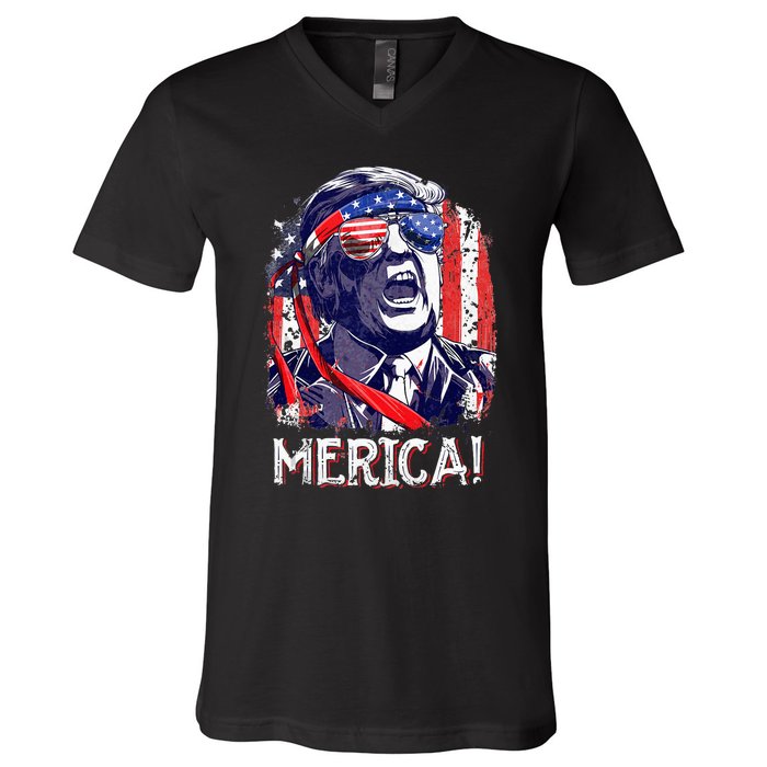 Trump 4th Of July Merica Women Usa American Flag V-Neck T-Shirt