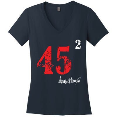 Trump 45 Squared Signature Pro Trump 2 Terms Women's V-Neck T-Shirt