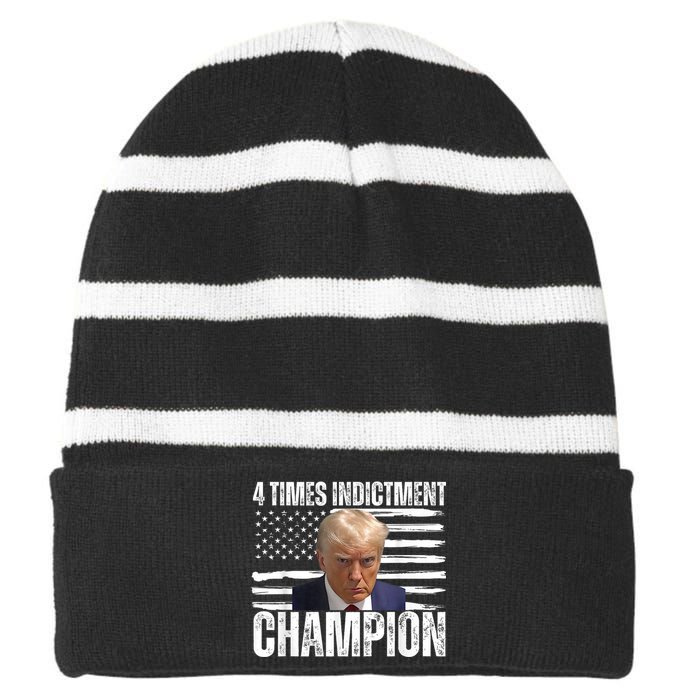 Trump 4 Time Indictment Champion Champ Not Guilty 2024 Striped Beanie with Solid Band