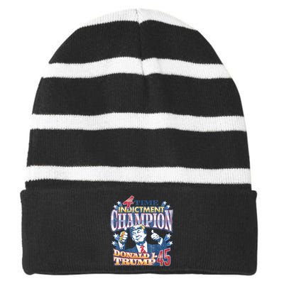 Trump 4 Time Indictment Champion Champ Not Guilty 2024 Striped Beanie with Solid Band