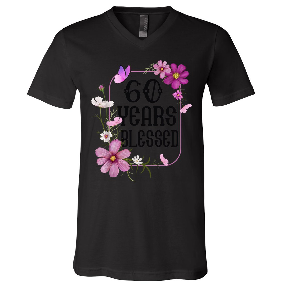 Turning 60 Birthday Butterfly With Floral 60th Birthday V-Neck T-Shirt