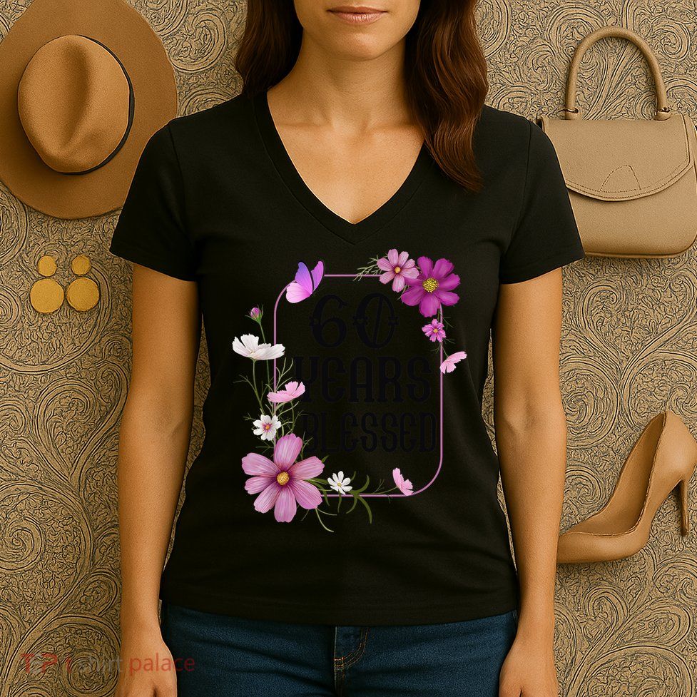 Turning 60 Birthday Butterfly With Floral 60th Birthday Women's V-Neck T-Shirt
