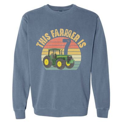 Tractor 7th Birthday 7 Year Old Farmer Farm Theme Bday Party Garment-Dyed Sweatshirt
