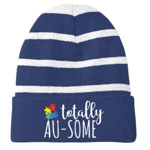 Totally Awesome Autism Awareness Striped Beanie with Solid Band