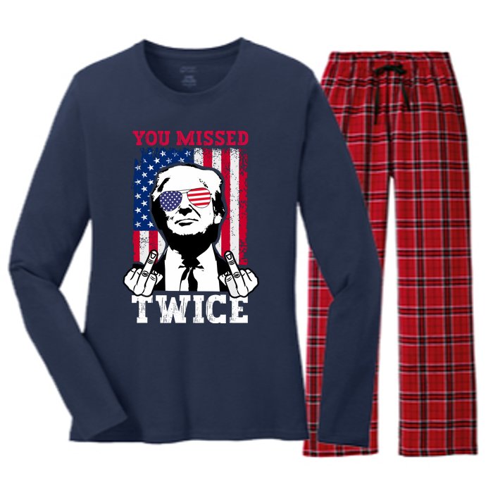 Trump Assassination Attempt Trump 2024 You Missed Twice Women's Long Sleeve Flannel Pajama Set 