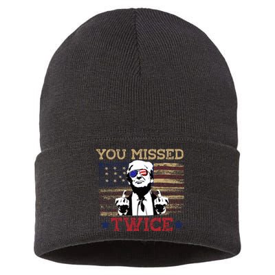 Trump Assassination Attempt American Flag You Missed Twice Sustainable Knit Beanie