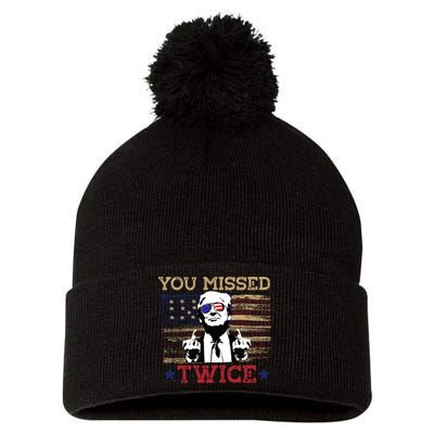 Trump Assassination Attempt American Flag You Missed Twice Pom Pom 12in Knit Beanie