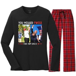 Trump Assassination Attempt Trump 2024 You Missed Twice Women's Long Sleeve Flannel Pajama Set 