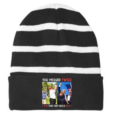 Trump Assassination Attempt Trump 2024 You Missed Twice Striped Beanie with Solid Band