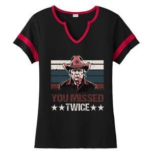 Trump Assassination Attempt Trump 2024 You Missed Twice Ladies Halftime Notch Neck Tee