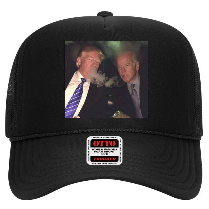 Trump And Biden Smoking Weed High Crown Mesh Back Trucker Hat