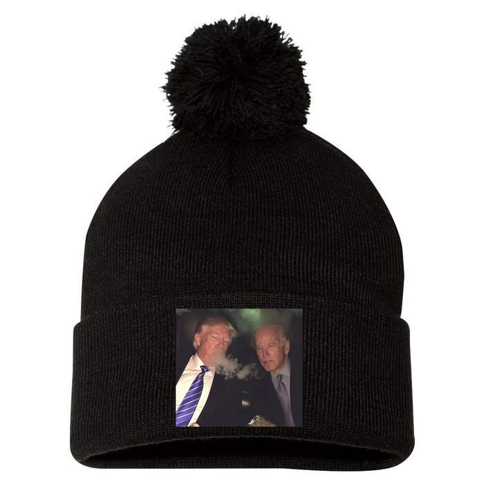 Trump And Biden Smoking Weed Pom Pom 12in Knit Beanie