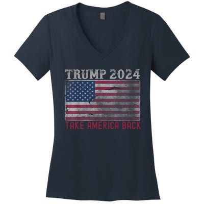 Take America Back Vintage Faded Trump 2024 Women's V-Neck T-Shirt