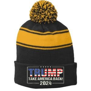 Take America Back American Flag Trump 2024 Stripe Pom Pom Beanie